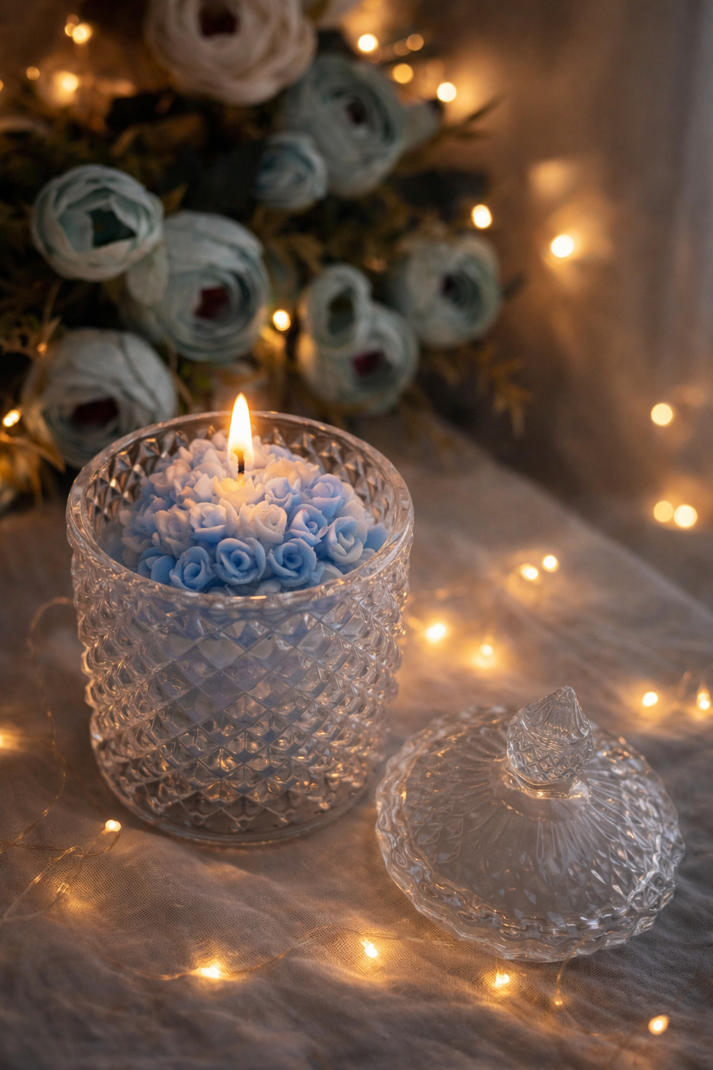 Crystal Blue Rose Heart Candle